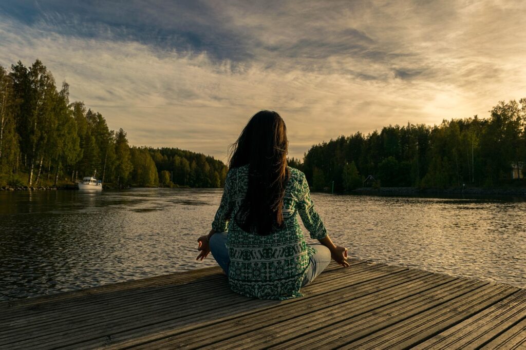 yoga, woman, lake, outdoors, lotus pose, meditation, nature, mindfulness, balance, meditating, wellness, sunset, twilight